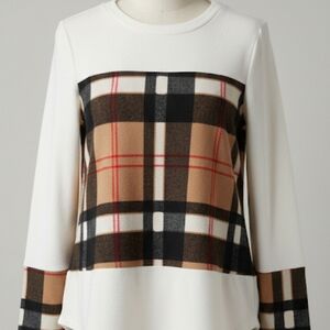 12 PM By Mon Ami White Sweater with Brown Plaid Sweater Women's Small Preppy